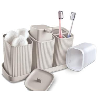 Imagem de Kit 3 Acessórios para Banheiro com Bandeja – Dispenser Sabonete Líquido 400ml, Porta Algodão e Porta Escovas | Organização e Decoração Moderna(Cinza Claro)