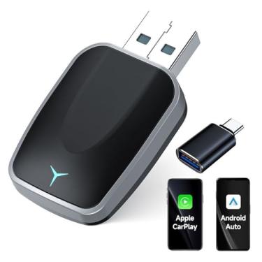 Imagem de Adaptador sem fio de carro Android 2 em 1 Plug and Play Conexão estável Suporta iOS 10 e 11 Controle por voz Navegação Música Chamadas Compatível com USB-A USB-C Modelos veículos