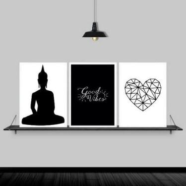 Imagem de Kit 3 Quadros Zen Buda Good Vibes 45X34Cm Moldura Branca - Quadros On-