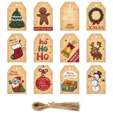 Imagem de 48 etiquetas de presente de Natal para pendurar com cordão, 12 estilos de etiqueta de Natal para caixas de presente de Natal e sacolas de presente de Natal, decorações de embrulho DIY padrão 1