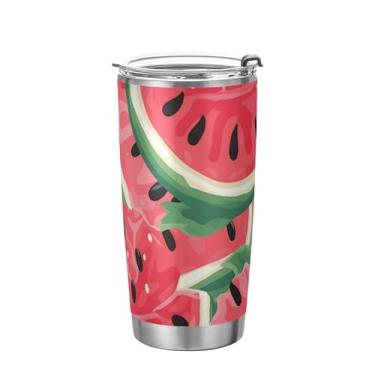 Imagem de xigua Copo de melancia em aquarela com tampa de palha, caneca de viagem a vácuo de parede dupla, caneca de café bem isolada, copo de aço inoxidável para bebidas quentes e frias, 600 ml
