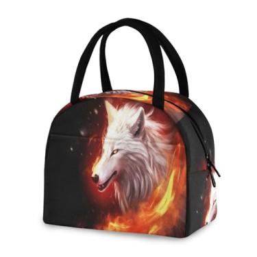 Imagem de Blueangle Lancheira isolada à prova de vazamento – Bolsa de almoço reutilizável com design de lobos com fogo, recipiente compacto para alimentos para escritório, viagens e atividades ao ar livre (990)