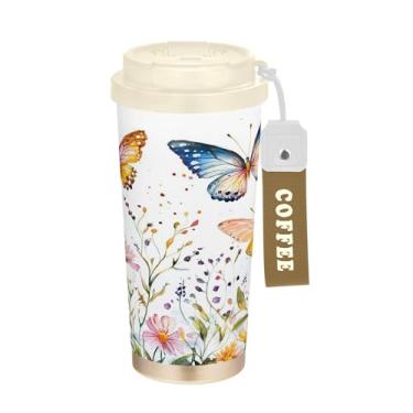 Imagem de SEHANY Caneca de viagem borboleta e flores de 482 ml Copos de café reutilizáveis revestidos de cerâmica com tampa à prova de vazamento, parede dupla, isolamento a vácuo, copo de café de aço inoxidável