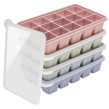 Imagem de Bandeja de silicone para cubos de gelo, pacote com 4 unidades de liberação fácil, molde quadrado reutilizável e empilhável com tampa para freezer para bebidas geladas, coquetel, uísque, comida de bebê
