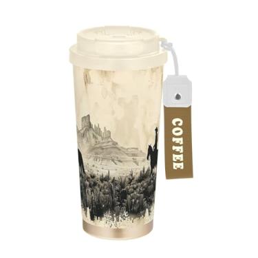 Imagem de SEHANY Caneca de viagem vintage caubói ocidental 482 g xícaras de café reutilizáveis revestidas de cerâmica com tampa à prova de vazamento, parede dupla, isolamento a vácuo, copo de café de aço