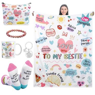 Imagem de Patelai 6 conjuntos de presentes de aniversário para melhor amiga para mulheres, ideias exclusivas de Natal, melhores amigas, presente de aniversário, caneca de café, bolsa de maquiagem, cobertor e