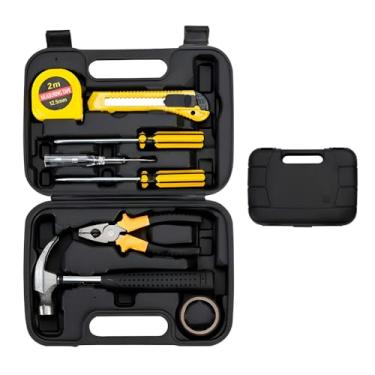 Imagem de Kit de Ferramentas Completo com Maleta, 8 Peças com Martelo, Trena 2m, Alicate, Chaves de Fenda, Estilete e Fita Isolante, Amarelo e Preto