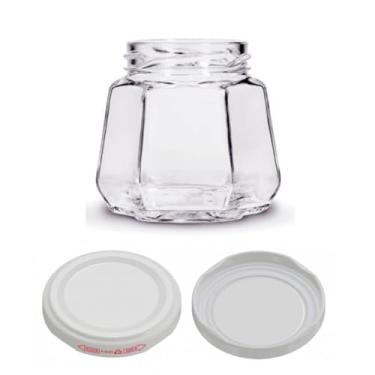 Imagem de Kit 50 unidades - Pote de vidro Sextavado - 230 ml - Tampa Branca