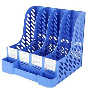 Imagem de YIKANGHENG Organizador de arquivos com suporte de caneta, plástico espesso, 4 grades, livro e organizador de mesa de arquivos para casa e escritório (G)