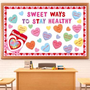Imagem de Conjunto de decoração de quadro de avisos de hábito de saúde do Dia dos Namorados Sweet Ways to Stay Health Decoração de sala de aula Sweet Love Heart recortes de papel para escola casa parede porta