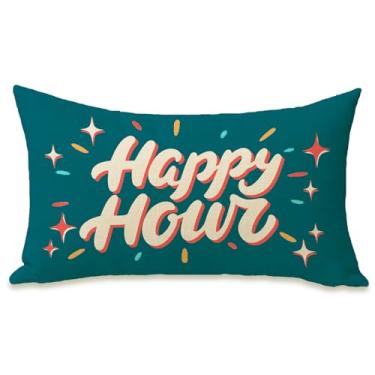 Imagem de Fahrendom Capa de almofada retangular decorativa azul Happy Hour 30 x 50, capa de almofada colorida engraçada Starburst varanda pátio ao ar livre, capa de almofada de sofá de pub clube decoração de