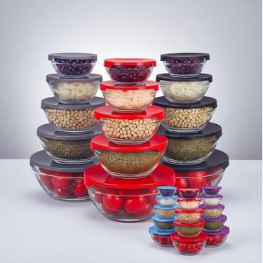 Imagem de Conjunto com 5 Potes de Vidro com Tampa – Vasilhas de Cozinha para Armazenar Alimentos, Marmitas, Micro-ondas, Freezer e Geladeira – Cores Sortidos