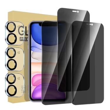 Imagem de Pacote com 3 protetores de tela de privacidade para iPhone 11 de 6,1 polegadas com 3 protetores de lente de câmera, película de vidro temperado antiespião, antiarranhões, sensível ao toque, compatível