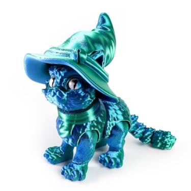 Imagem de Gato verde impresso em 3D com chapéu de feiticeiro estatueta colecionável para decoração de mesa executiva de escritório doméstico