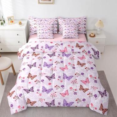 Imagem de Erosebridal Jogo de cama solteiro com estampa de borboleta, floral, borboletas, rosa, roxo, para meninas e crianças, com estampa de paisley, jardim, para todas as estações