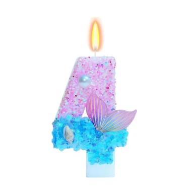 Imagem de Velas de aniversário com tema de sereia, velas de número de glitter para meninas para bolo, número 4, topo de bolo para velas temáticas de jogos, decoração de aniversário, suprimentos para celebrações