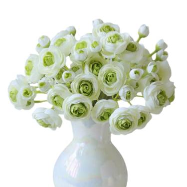Imagem de XZJMY Flores artificiais de ranúnculo, flores de seda, 18 peças, buquê de casamento, noivado para centros de mesa, decorações e arranjos de chá de panela de casamento (branco verde)