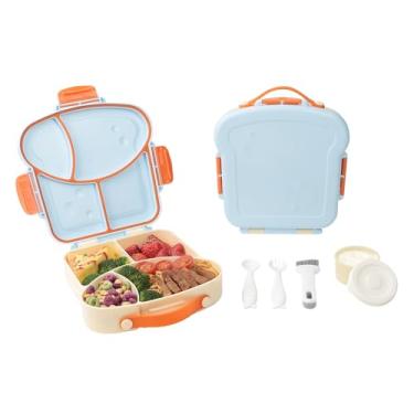 Imagem de SAYAPE Lancheira infantil Bento – Recipiente para alimentos com 4 compartimentos em forma de torrada com copo de molho, utensílios e pincel, sem BPA, recipiente reutilizável para lanche com tampa