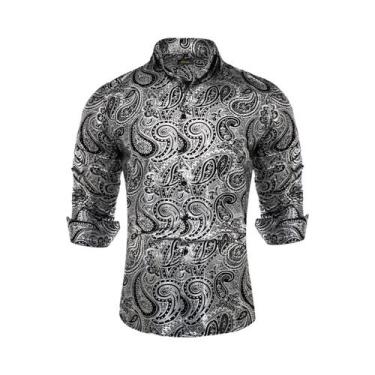 Imagem de Camisa Social Masculina Slim Fit Com Estampa Paisley Em Seda, Manga Lo