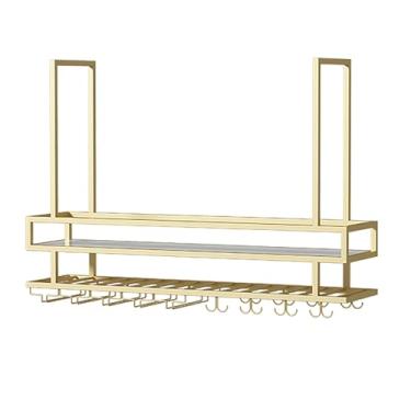 Imagem de Rack de teto para copos de vinho, rack de vinho suspenso com suporte de vidro, rack de vinho de parede industrial de 2 camadas, suporte de garrafa de vinho de teto de metal, prateleira flutuante para