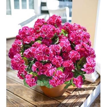 Imagem de Flores artificiais de gerânios falsos para atividades ao ar livre, 6 pacotes de flores falsas de gerânios de seda fúcsia, plantas artificiais realistas, resistentes a UV, para plantadores ao ar livre