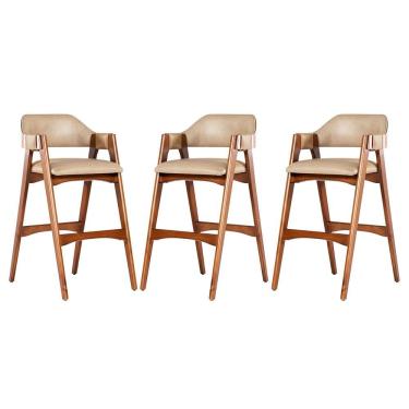 Imagem de Kit 3 Banquetas Alta em Madeira Lina Estofada Couríssimo Bege CCS