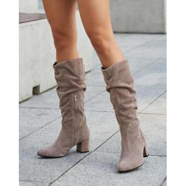 Imagem de Botas Femininas Bico Fino Salto Bloco Couro Camurça Lirom, Cinza rato,