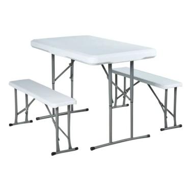 Imagem de Kit Mesa 105x63x74cm Dobravel Portatil Maleta Com 2 Bancos Branco