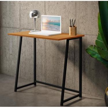 Imagem de escrivaninha pequena para notebook com pes de ferro para quarto canela