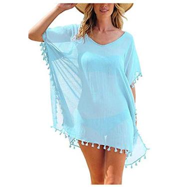 Imagem de Tingpai Atacado blusa de p ia de chiffon de cor sólida en da com f njas pequenas, roupas de férias em estoque azul claro 均码