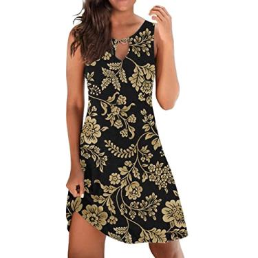 Imagem de Vestidos de verão para mulheres camiseta floral de praia vestido de verão casual com bolsos boho vestido de camiseta de algodão, Dourado, P