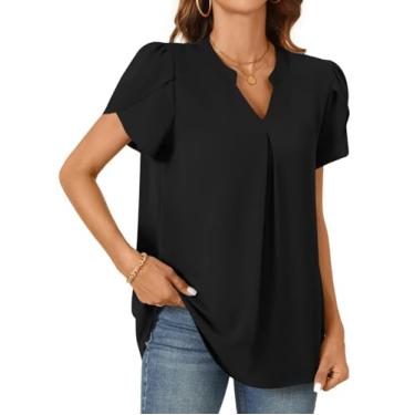 Imagem de Camisetas femininas de chiffon de verão blusas casuais pétala elegante camiseta túnica manga curta gola V tops, Preto, G