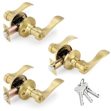 Imagem de LOQRON Pacote com 3 maçanetas de porta tipo onda com chave, maçaneta de porta de entrada com chave com trava, reversível para canhoto/direito para escritório ou porta da frente, acabamento em latão