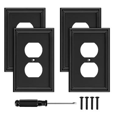 Imagem de Placa decorativa moderna preta para interruptor de luz decorativa capas de saída para interruptor basculante placas de fibra de bambu placas de parede para cozinha banheiro (1 tomada duplex - 4 pacotes)