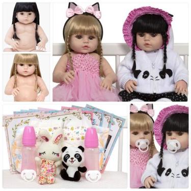 Imagem de 2 Bebes Reborn Pandinha Morena Coelhinha Loira 27 Acessórios - Cegonha