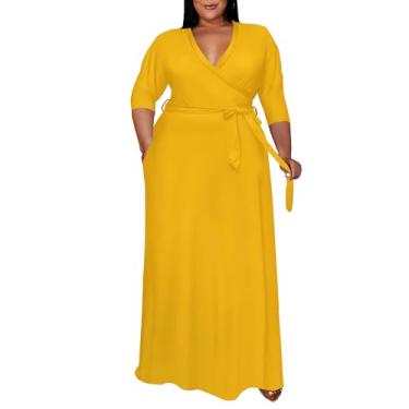 Imagem de Runwind Vestido plus size para mulheres - vestido maxi com manga 3/4 e gola V (GG-6GG), 3 - Amarelo, GG