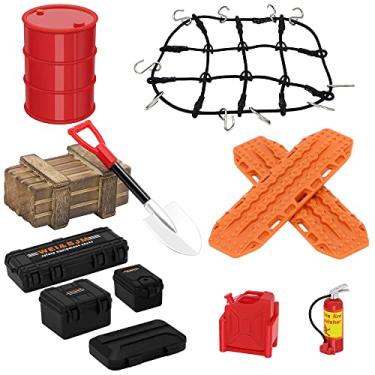 Imagem de GLOBACT 1/24 1/18 RC Crawler Accessories Car Roof Decoration Luggage Net, Recovery Board, Fire Extinguisher, Toolbox, Wood Box, Shovel for 1/18 TRX4M 1/24 Axial SCX24 (12Pcs Black Orange)