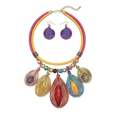 Imagem de JHWZAIY Colar de declaração africana grosso para mulheres, moda tribal, bijuteria, conjunto de brincos, exclusivo, colorido, grande, cristal, pingente, gargantilha, gargantilha feita à mão, Cristal, não conhecido