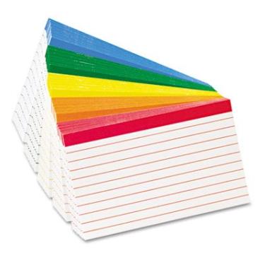 Imagem de Produtos da Esselte Pendaflex Corporation – Cartões de índice, pautados, 7,6 x 12,7 cm, 100/PK, azul/verde/amarelo/laranja/vermelho – Vendidos como 1 PK – As cartas de índice com regras exclusivas apresentam barras de cores coordenadas no topo com regras de cores correspondentes. As cores dos cartõe