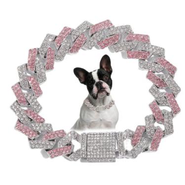 Imagem de Coleiras de corrente para cães, coleira de elos cubanos de metal diamante, colar brilhante de 15 mm de largura para cães de estimação pequenos, médios e grandes, gatos, prata e rosa (25,4 cm)