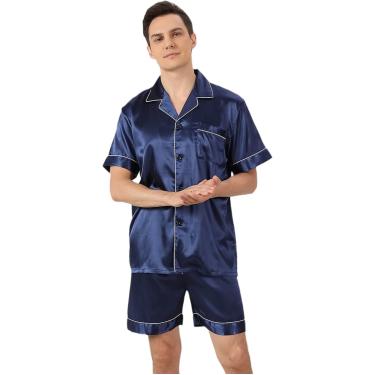Imagem de Conjunto de pijamas de cetim masculino - shorts de manga curta de verão roupas de dormir soltas, botão com lapela de lapela respirável fino seda de dois peças de traje de noite