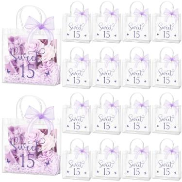 Imagem de Sweetude 18 peças, saco de presente de aniversário de 15 anos, sacos de presente de 15 anos com alças e laços transparentes, lembrancinhas de festa de quinze anos para convidados de 15 anos (pruple)