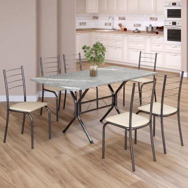 Imagem de Conjunto Sala De Jantar Mesa Retangular 140x75cm Tampo Granito Topázio 6 Cadeiras Rio Creme - Mart Prata