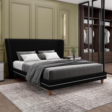 Imagem de Conjunto Cama Com Cabeceira Casal Torres Pés Em Madeira Veludo Preto G91 - Gran Belo