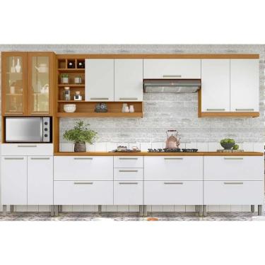 Imagem de Cozinha Completa Burguesa 13 Portas 5 Gavetas Kit MDF 7 Módulos Off White Freijó com Tampo
