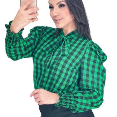 Imagem de Blusa Xadrez Feminina Manga Longa Bufante Princesa Gola Laço - Look Mo