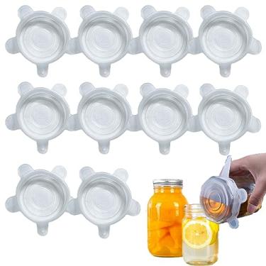 Imagem de Copzievkae Pacote com 10 tampas elásticas de silicone, tampas de silicone reutilizáveis para pote de pedreiro, esticadas até 8 cm, tampas de alimentos para jarras de vidro comuns e de boca larga