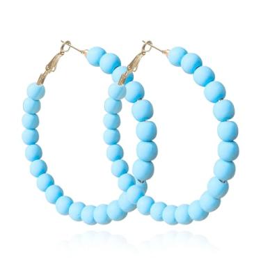 Imagem de QUPENGXU Brincos de argola elegantes boêmios com contas coloridas, círculos, redondos, para mulheres, minimalistas, festa geométrica dos anos 80, trumpet, Madeira, Sem pedra preciosa