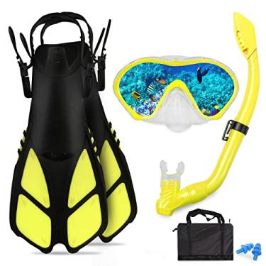 Imagem de AosDero Conjunto De Mergulho Com Snorkel Infantil Nadadeiras, Máscara Panorâmica, Protetores Auriculares Secos, Bolsa Equipamentos, Para Crianças, Jovens, Meninos E Meninas 5 A 12 Anos
