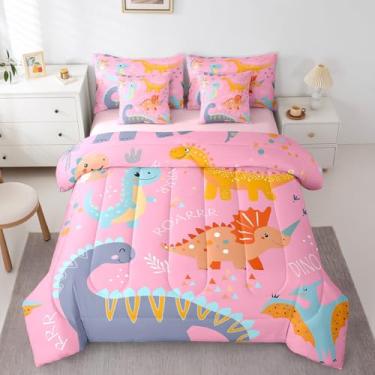 Imagem de Erosebridal Jogo de cama infantil fofo de dinossauro, 7 peças, desenho animado de animais rosa, com lençol kawaii, para todas as estações, rosa